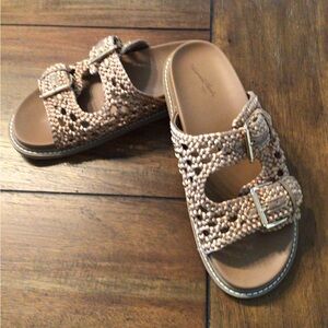 Woven Double-Buckle Slide Sandals - Taupe